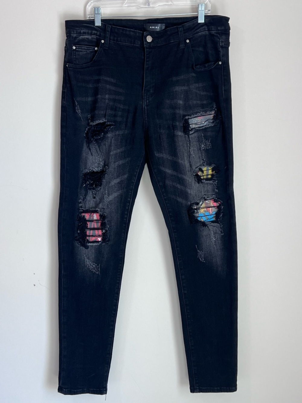 Amiri Men's MX1 Distressed Denim Jeans $1080 Size 38 Patchwork Tie Dye Leather